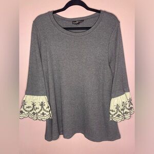 Liza Byrd Gray Blouse with Embroidered Sleeves